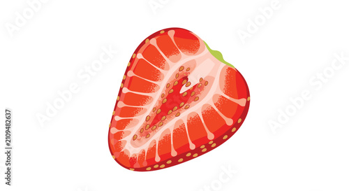 Vibrant cartoon illustration of a fresh strawberry slice showing the detailed inner texture and seeds on a white background.