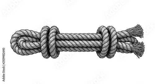 Detailed vintage engraving of a coiled marine rope with tight knots isolated on a clean white background.