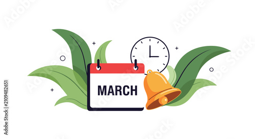 Red March calendar page with golden bell and alarm clock decorated with green leaves isolated on white.