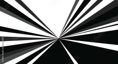 Dynamic black and white abstract geometric background with zoom perspective lines isolated on white.
