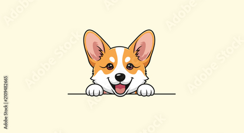 Cute Pembroke Welsh Corgi puppy peeking over a horizontal line with its paws resting on the edge and a happy smile.