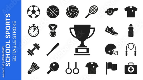 School sports equipment and fitness icon set on white background