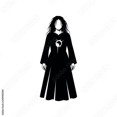 Принти на полотні Mysterious Figure in a Long Black Robe with a Sun Symbol.