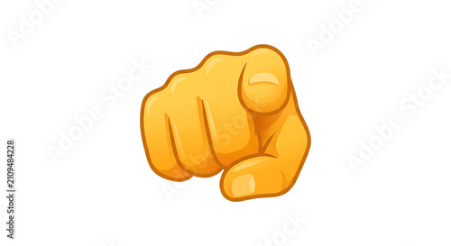 Stylized golden yellow vector emoji hand icon, pointing index finger directly at viewer, isolated on white background.