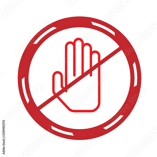 Red prohibition no touch sign with open hand palm icon inside slashed circle, unique flat safety vector on white background.