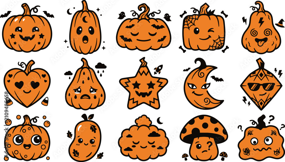 Obraz premium Cute halloween characters pumpkins ghosts and spooky treats for festive fall designs