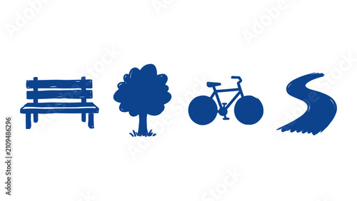 Quadro su tela Blue hand drawn park icons set featuring bench tree bicycle and winding path vec