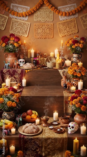 Ceremonial Altar with Traditional Offerings for Day of the Dead Commemoration