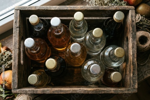 Craft Beverages in Vintage Wooden Crate Top View for Sustainable Brand Marketing and Organic Food Retail Flexible Layout