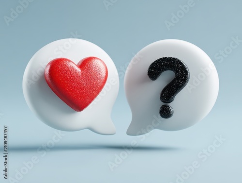3d speech bubbles with red heart and black question mark