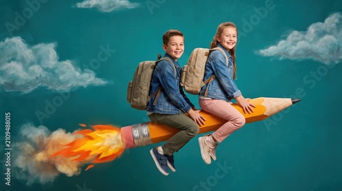 Back to school of two happy children with backpacks, a boy and a girl, riding a giant pencil rocket with a fiery exhaust through the sky.