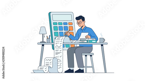 Male accountant calculating business taxes and financial expenses with large calculator flat vector illustration