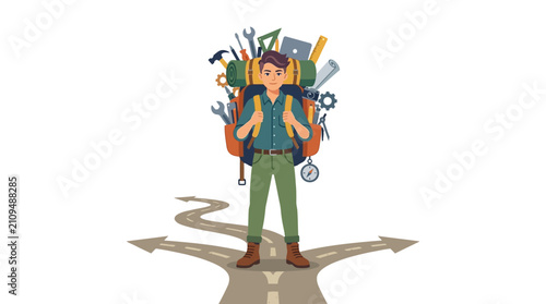 Multi-skilled young man carrying a heavy tool-filled backpack at a crossroad junction flat vector illustration.