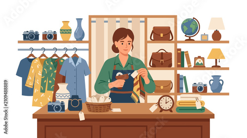 Vintage shop owner tagging merchandise and managing inventory in a thrift store flat vector illustration.