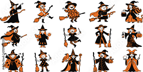 Canvastavla Collection of cute cartoon witches with broomsticks and magic wands for hallowee