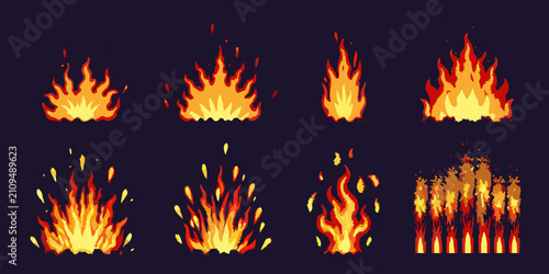 Bild auf Leinwand Fire effect collection vector illustration with varying flame shapes and colors