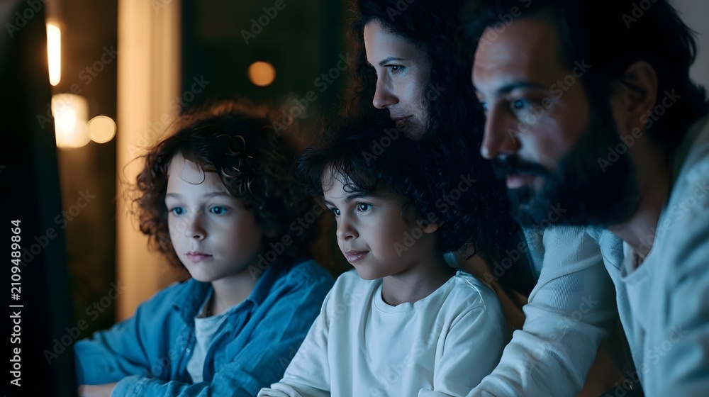 Fototapeta premium A family of four watches something together on a screen in a dimly lit room with warm background lights