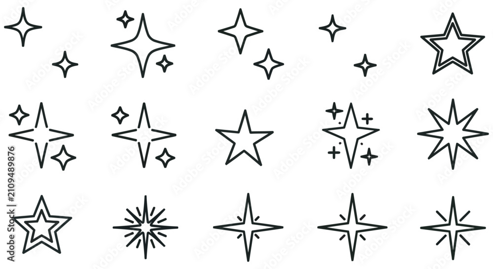 Fototapeta premium Collection Of Black Line Art Stars And Sparkle Shapes On White Background