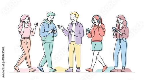 Group of young adults using mobile phones and talking flat vector graphic