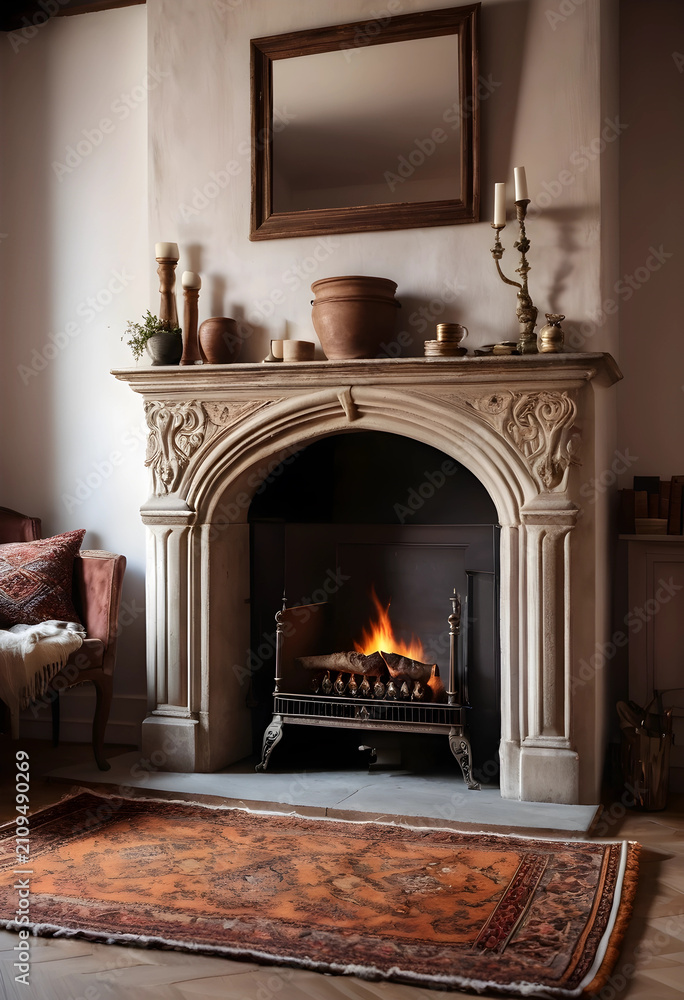 Fototapeta premium Cozy old stone fireplace with burning fire and rustic decor