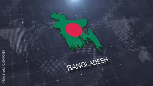 Bangladesh map with national flag on digital world map background, geographic border, global political and international news concept