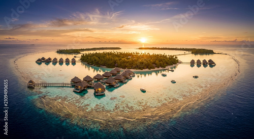 Golden sunrise over a secluded tropical island surrounded by crystal-clear turquoise ocean creating a breathtaking aerial paradise landscape with peaceful morning light