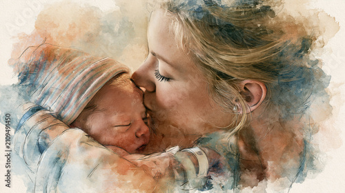 A soft and dreamy watercolor illustration capturing a tender moment as a mother gently kisses her sleeping newborn baby's forehead in a warm, textured embrace.
