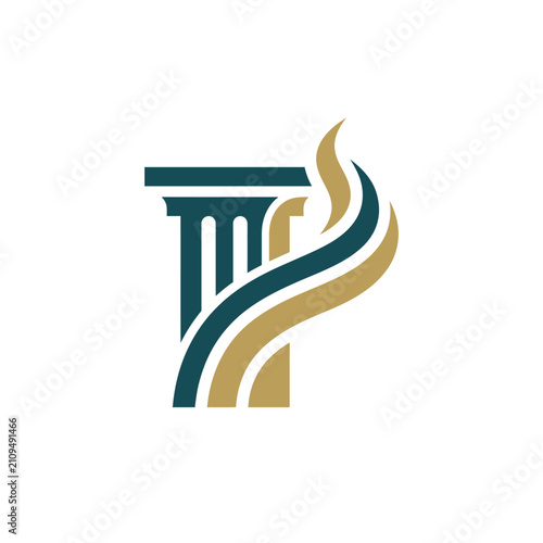 Abstract blue and gold architectural pillar logo.