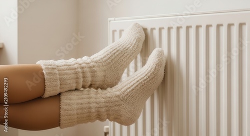 Warming feet on radiator indoors.