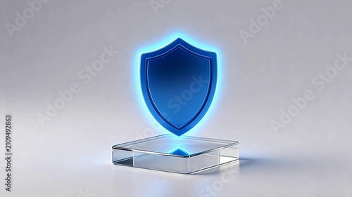 Blue glowing shield on glass pedestal
