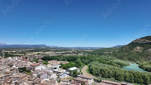 Aerial view of city of Graus and Basilica de Santa Maria de la Pena.