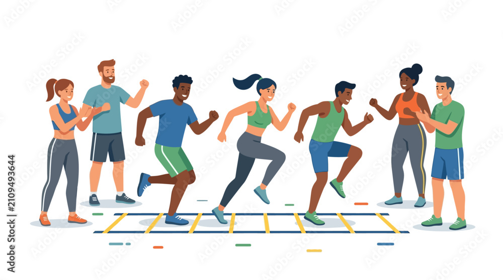 Fototapeta premium Diverse multicultural group of friends training with agility ladder drills for fitness flat vector illustration