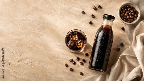 Premium Cold Brew Coffee Flat Lay with Bottled Coffee, Iced Serving Glass, Roasted Coffee Beans and Linen on Natural Stone Background with Copy Space