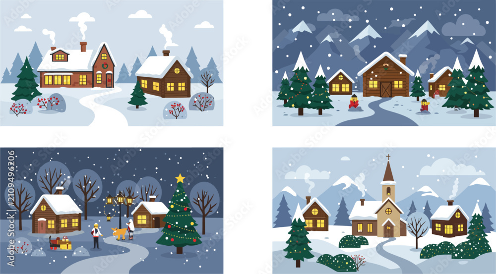 Fototapeta premium A collection of four charming winter village scenes featuring cozy houses decorated for the holidays with snow and pine trees