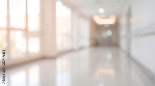 Blurred hospital corridor interior with bright natural sunlight streaming through large windows creating a clean professional medical facility atmosphere suitable for healthcare background