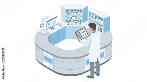 Professional pharmacist managing medical inventory using digital tablet in modern pharmacy flat design vector illustration.