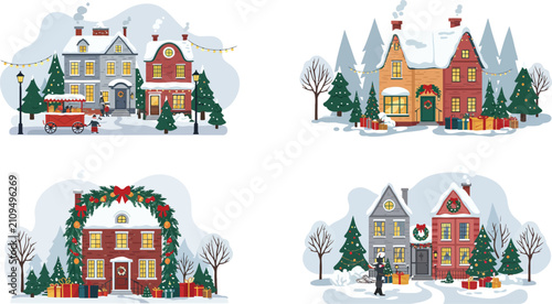 A collection of four charming watercolor illustrations featuring festive winter townhouses decorated for the holiday season with snow and trees