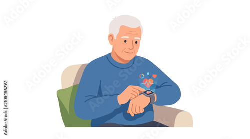 Senior man monitoring heart rate and health vitals using smartwatch app sitting at home flat vector illustration.