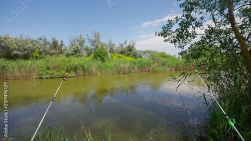 Fishing rods set up on calm riverbank waiting for fish bite in natural environment. Concept of recreational fishing and outdoor relaxation