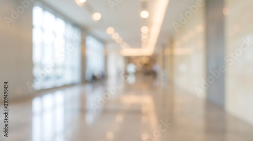 Blurred interior view of a modern corporate lobby with soft lighting and spacious walking area for professional business background and company headquarters