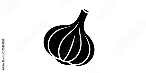 Cuadro en lienzo Detailed black silhouette of a fresh garlic bulb with roots and stem isolated on a white background, perfect for culinary designs, organic food labels, or healthy cooking icons