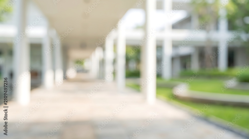 Obraz premium Blurred outdoor corridor of modern building with white columns and lush green garden view for architectural background concept and spacious commercial interior design presentation