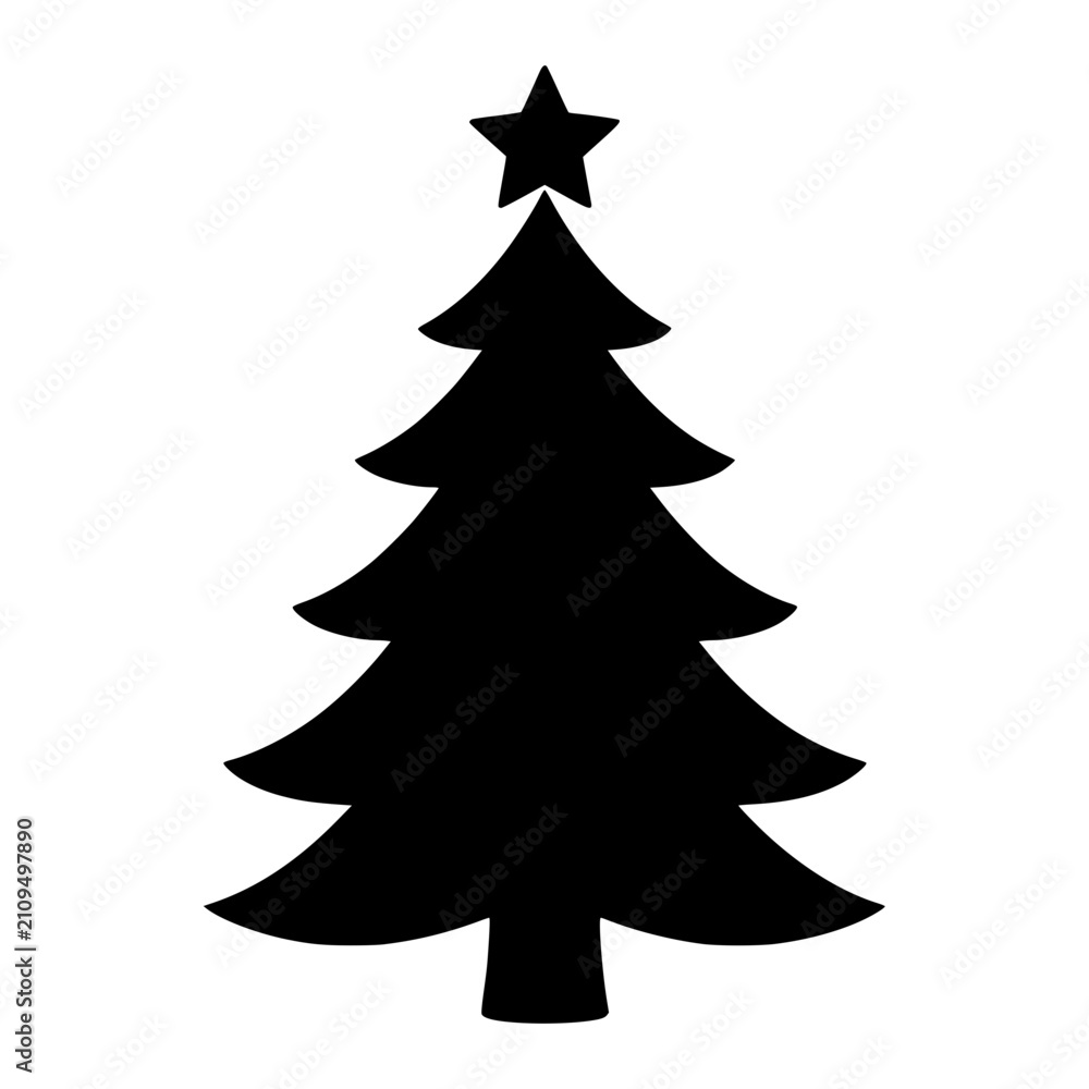 Fototapeta premium Christmas Tree black silhouette vector illustration, simple flat clipart design isolated on white background