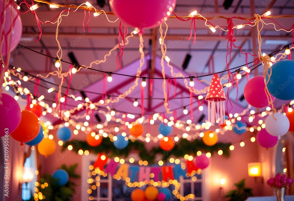 Fototapeta premium Colorful indoor birthday party decorations with balloons and lights