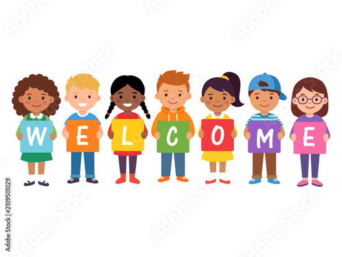 cartoon children standing together letters welcome illustration elementary school kindergarten learning