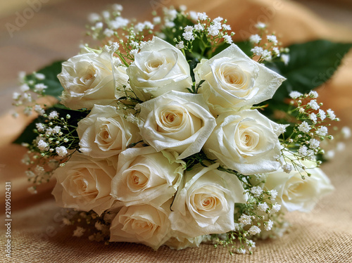 Beautiful bouquet of white roses with babys breath flowers on a rustic burlap background, elegant floral arrangement for weddings or special occasions