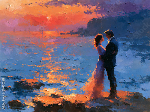 Romantic couple standing on a rocky shore at sunset, embracing while looking into each others eyes, impressionistic oil painting style with vibrant orange and deep blue colors