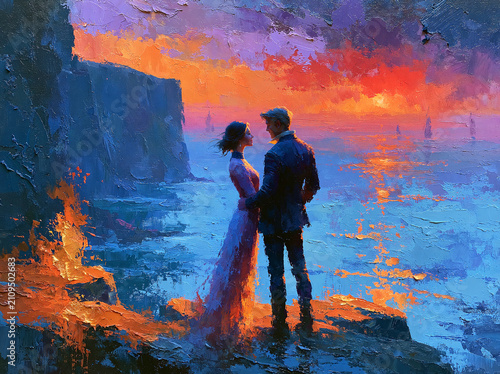 Romantic couple standing on a cliff overlooking the ocean at sunset, oil painting style with vibrant orange and blue colors, emotional scene of a man and woman in love by the sea
