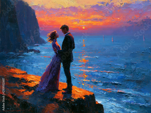 A romantic couple standing on a cliff edge overlooking the ocean at sunset, oil painting style