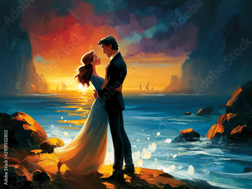 Romantic couple standing on a rocky beach at sunset, embracing each other with a scenic ocean view and distant sailboats in a painterly, artistic style